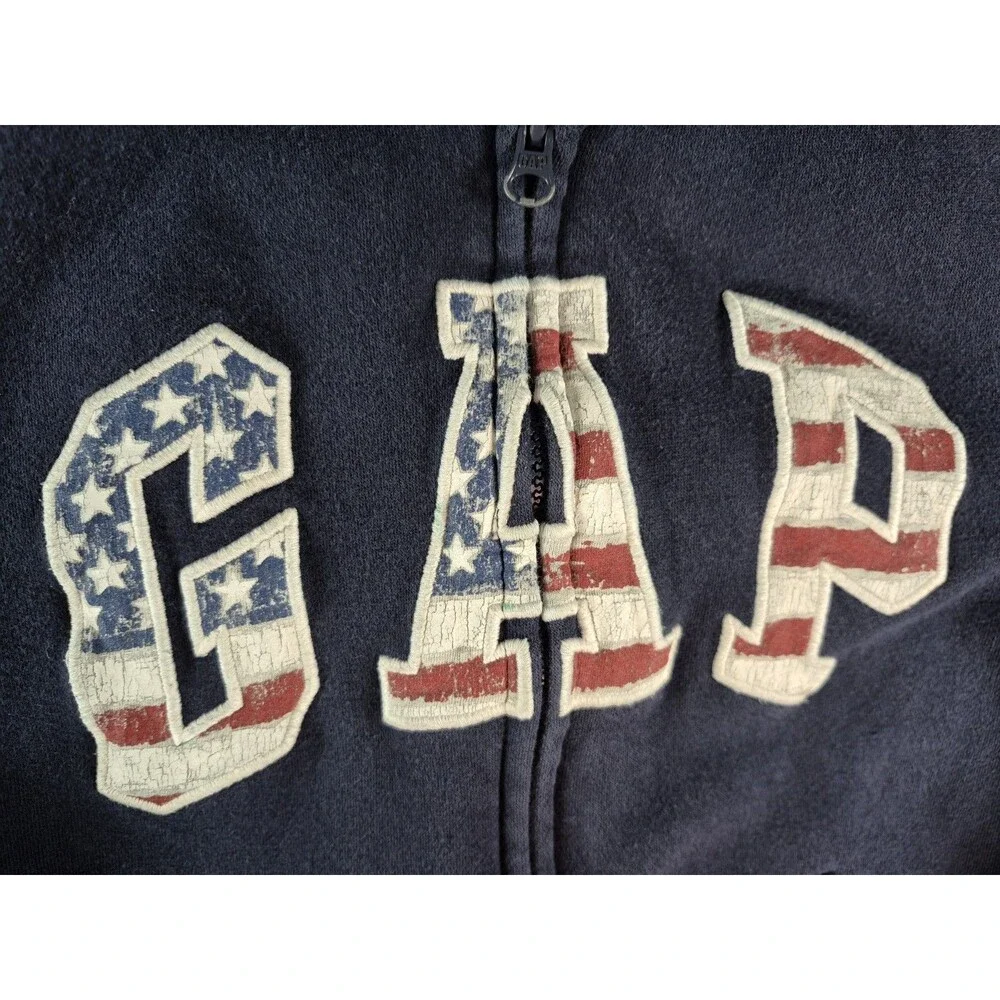 GAP NAVY BLUE MEDIUM HOODIE WITH GAP EMBEDDED USA FLAG DETAIL IN EMBLEM SZ 8-9